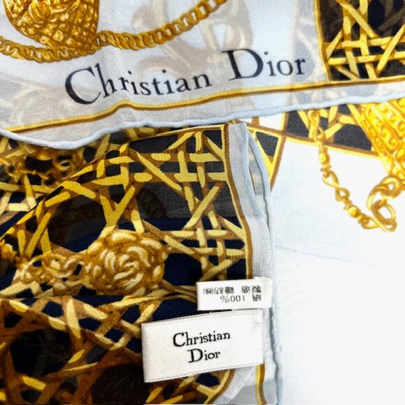 Christian Dior 100% Silk Scarf Chiffon &Satin 33"  Silver Black Gold Design(15 - Picture 5 of 10